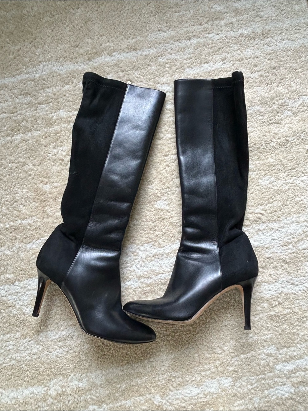 Jimmy Choo Black Leather Stretch Knee High Boots Heels EU 38 US 8 Italy